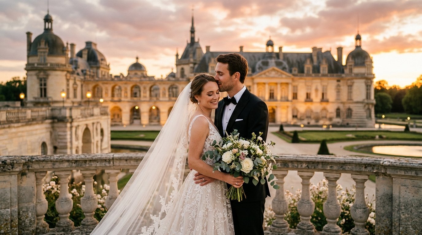 Cinematic luxury wedding photography of couple embracing near palace